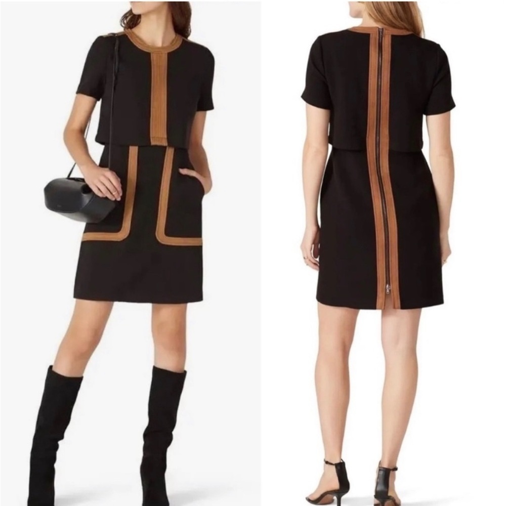 Toccin MSRP $695 Two Tone Faux Suede Trim Sheath pocket Dress Black  10